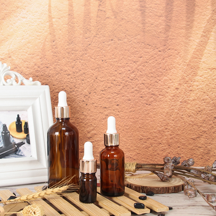  5ml 10ml 15ml 20ml 30ml 50ml 60ml 100ml Amber Skincare Glass Bottle with Golden Aluminum Dropper for Essential Oil