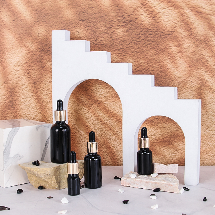 5mL 10mL 15mL 20mL 30mL 50mL 60mL 100mL Various Volumes Black Essential Oil Glass Bottle with Golden Aluminum Dropper for Skincare