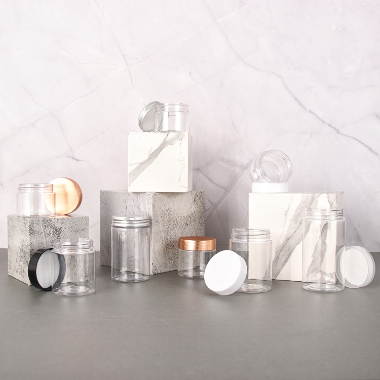 Clear PET Plastic Cream Jars With Aluminum Lids For Skincare Packaging